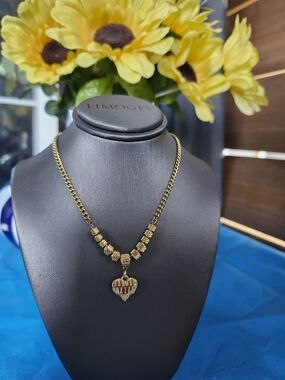 Limoges Gold-Tone Heart Charm Necklace with Textured Beads